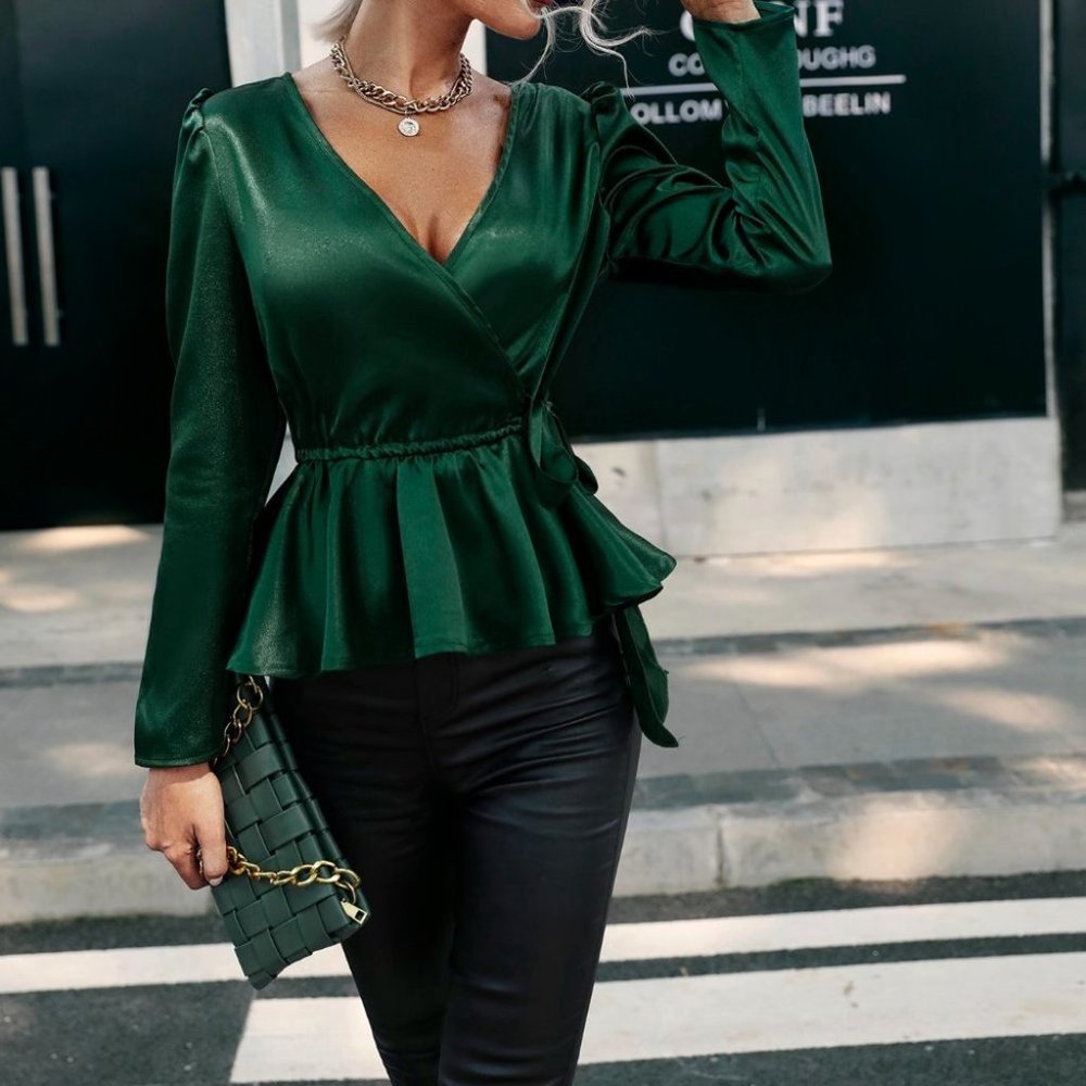 Emerald Green V-neck Satin Peplum Blouse - Picture 4 of 6